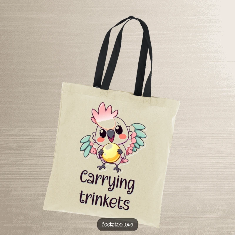 Funny tote bag: A playful cockatoo offers a tiny, shiny object, perfect for bird lovers and anyone seeking a humorous, thoughtful accessory.