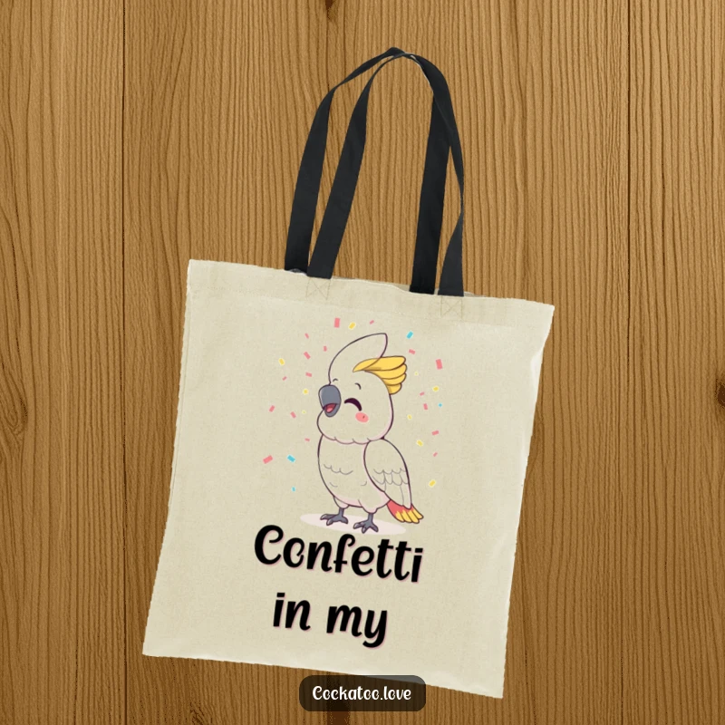 Funny cockatoo tote bag, wide smile, flinging confetti everywhere, a perfect accessory for celebrations and daily errands.