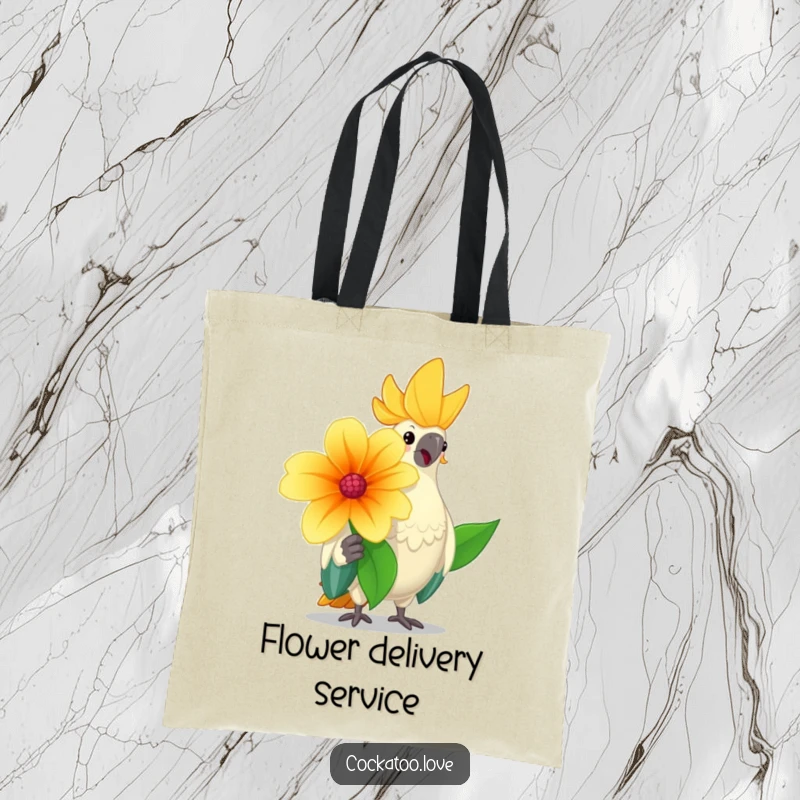 Funny cockatoo tote bag with a cheerful bird holding a big flower and nodding kindly, perfect for carrying essentials with joy.