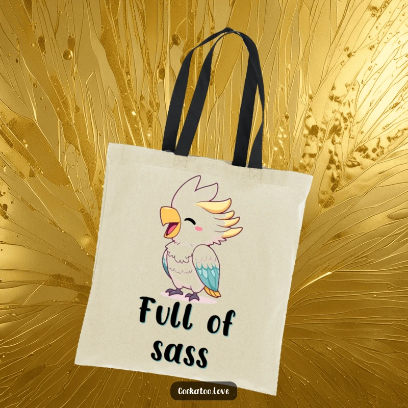 Funny cockatoo tote bag with a cheerful bird featuring a bright beak squawking with delight, symbolizing vibrant expression and cheerful disposition.