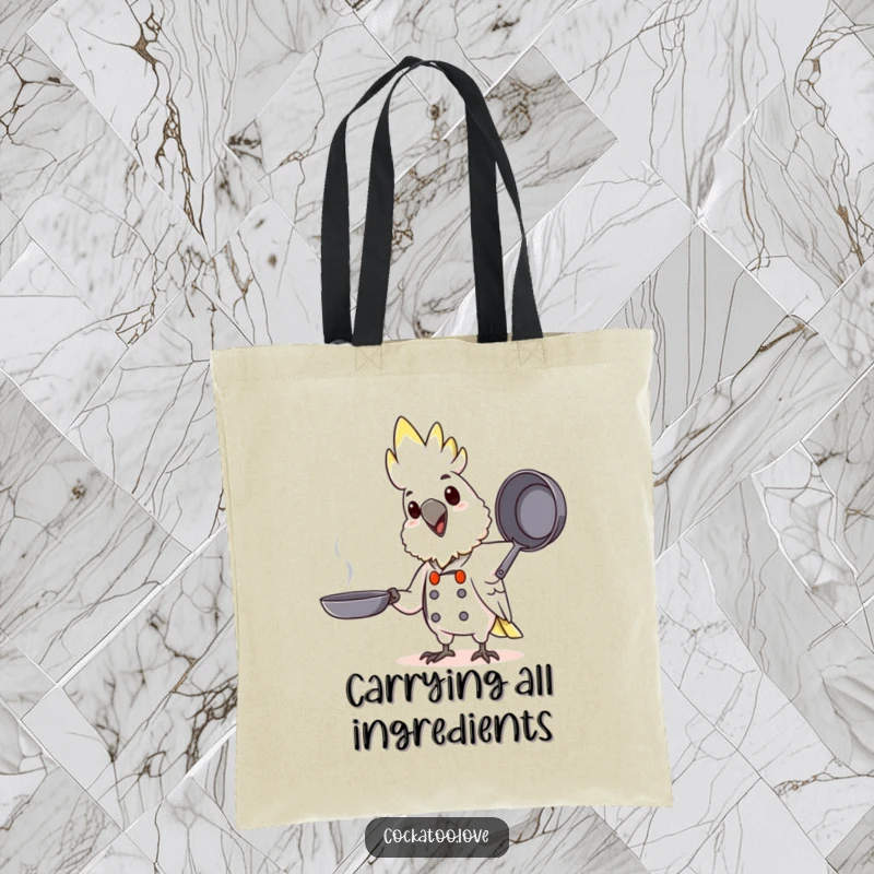 Funny Chef Cockatoo Tote Bag: A happy cockatoo bird dressed as a chef, mid-toss with a pretend pan, perfect for food lovers.
