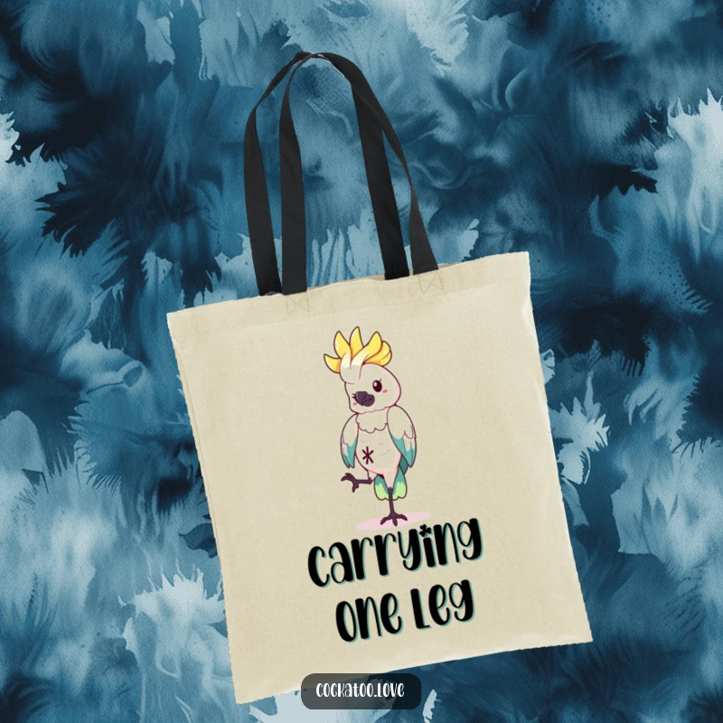 Funny Tote Bag showcasing a cockatoo character balancing on one leg, combining quirkiness and practicality as a great funny gift.