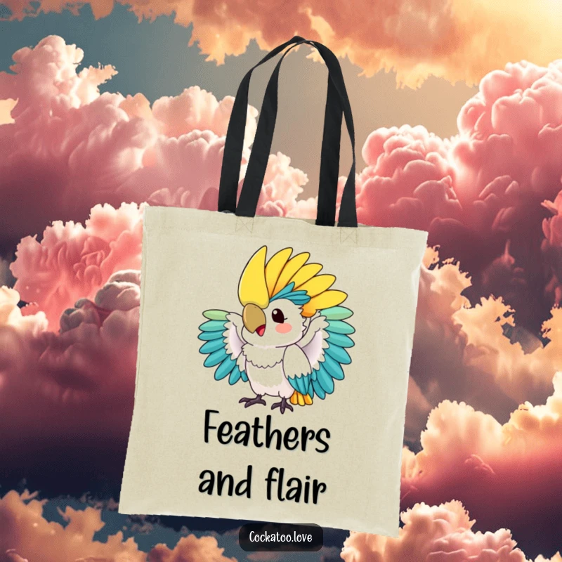 Funny tote bag: A cockatoo dramatically fans its colorful crest with excitement, perfect for bird lovers and anyone seeking a humorous, stylish accessory.