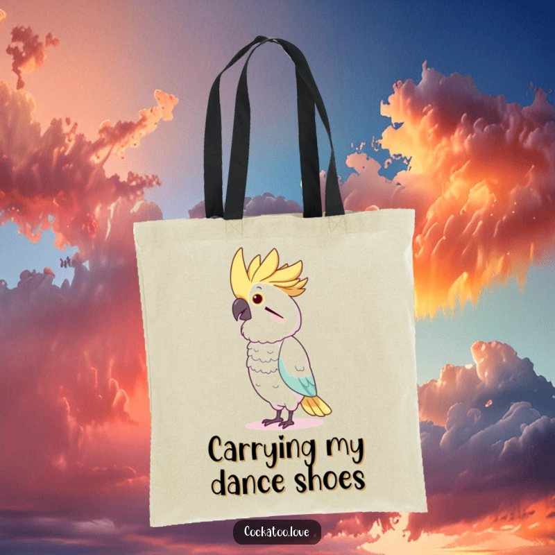 Funny Cockatoo Dancer Tote Bag: Cute bird character amusingly mimicking a dancer with a rhythmic head bobbing action.