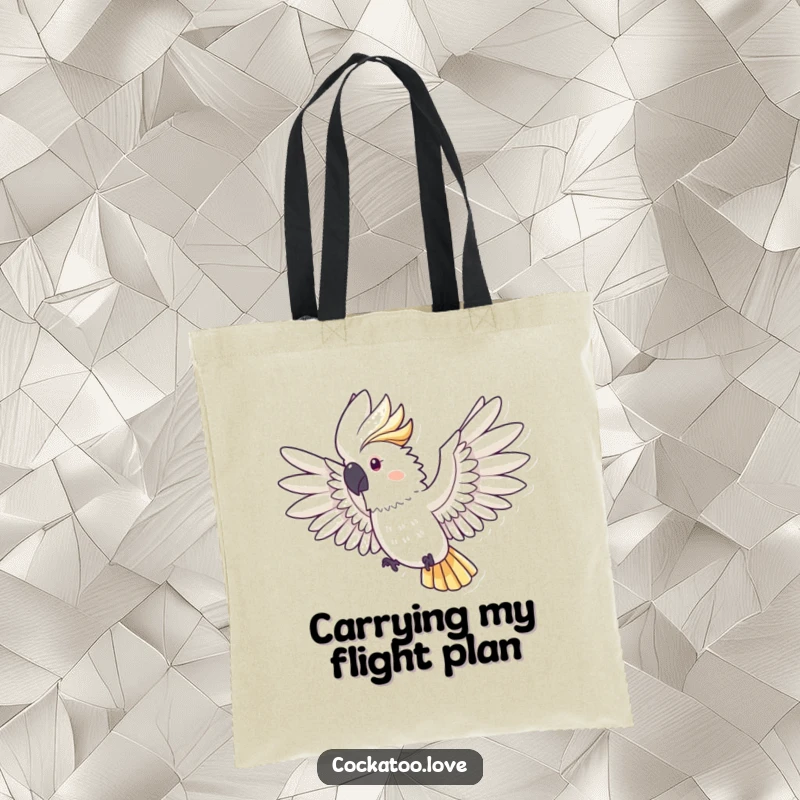 Funny Cockatoo Tote Bag: A dynamic cockatoo with wings fully spread is ready for flight, bringing funny energy to your carry-all.