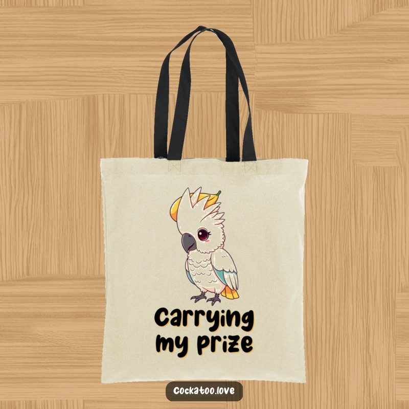 Funny tote bag featuring a determined cockatoo with a focused gaze, balancing a large fruit on its head.