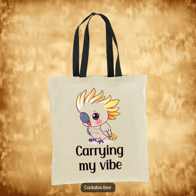 Funny cockatoo tote bag featuring a cute, colorful crested bird energetically bobbing its head, symbolizing lively energy and cheerful disposition.