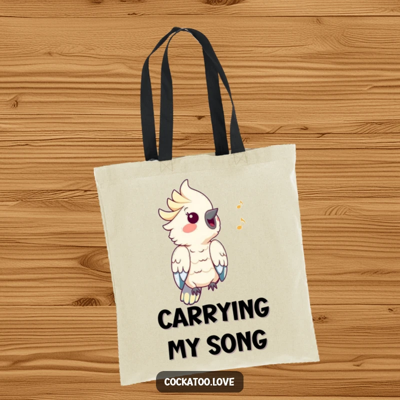 Funny Cockatoo Tote Bag: A happy cockatoo whistles a cheerful tune, with musical notes adorning this funny and practical bag.