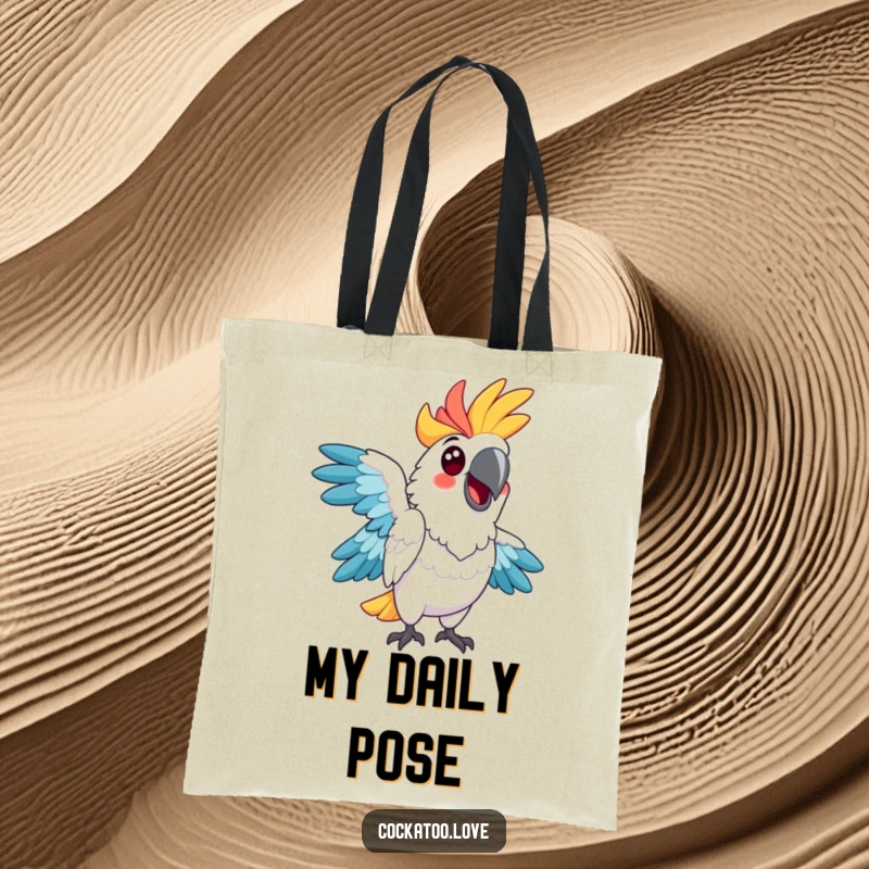 Funny cockatoo tote bag, vibrant feathers, striking a comical pose, an eye-catching accessory for daily use.