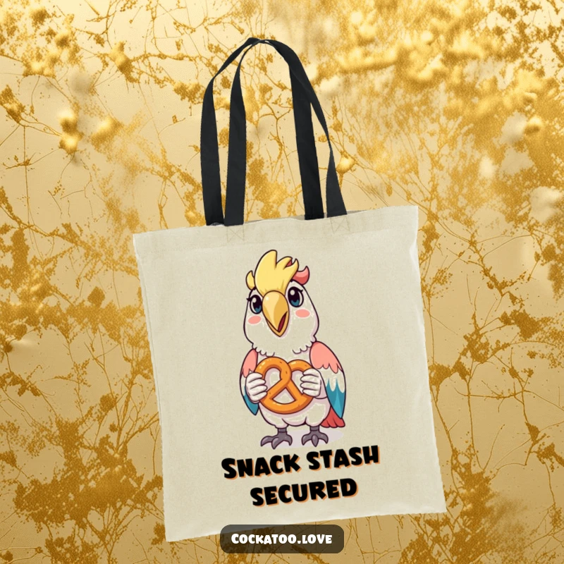 Funny tote bag featuring a happy cockatoo holding a tiny pretzel, ideal for snack lovers and bird enthusiasts.