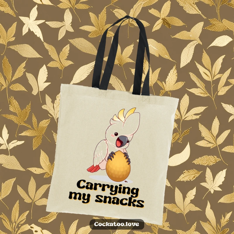 Funny Tote Bag showcasing a happy cockatoo bird happily pecking at a large seed, a delightful and practical accessory.