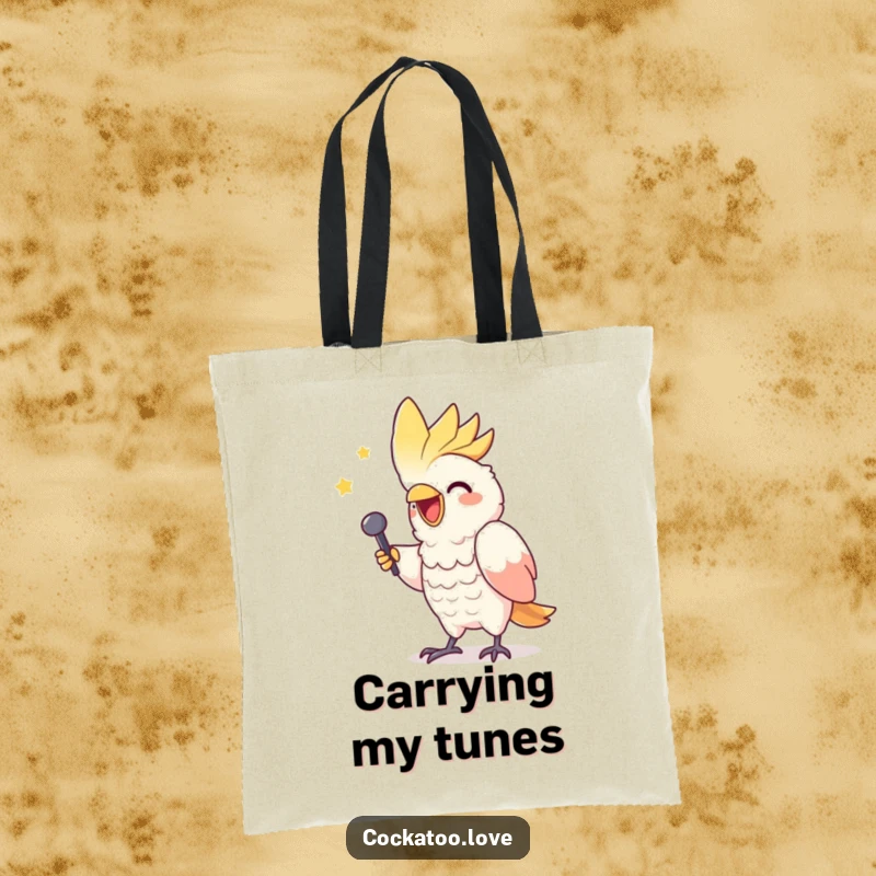Funny tote bag with a gleeful cockatoo character mimicking a triumphant singer, showcasing musical enthusiasm.
