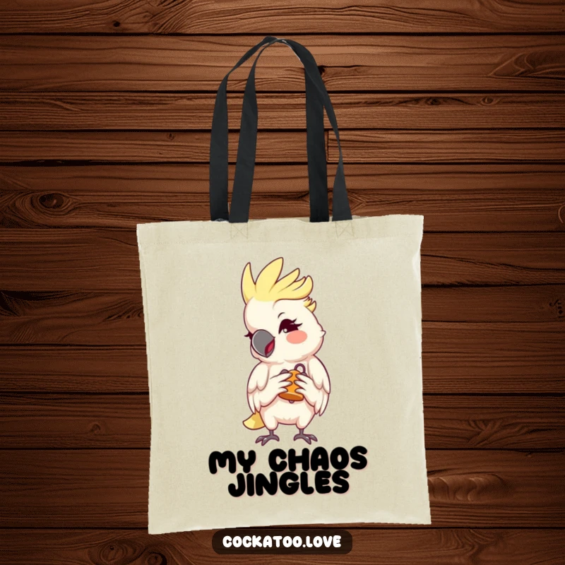 Funny Cockatoo Tote Bag giving a mischievous wink and holding a tiny bell, practical and full of personality, a great funny gift.