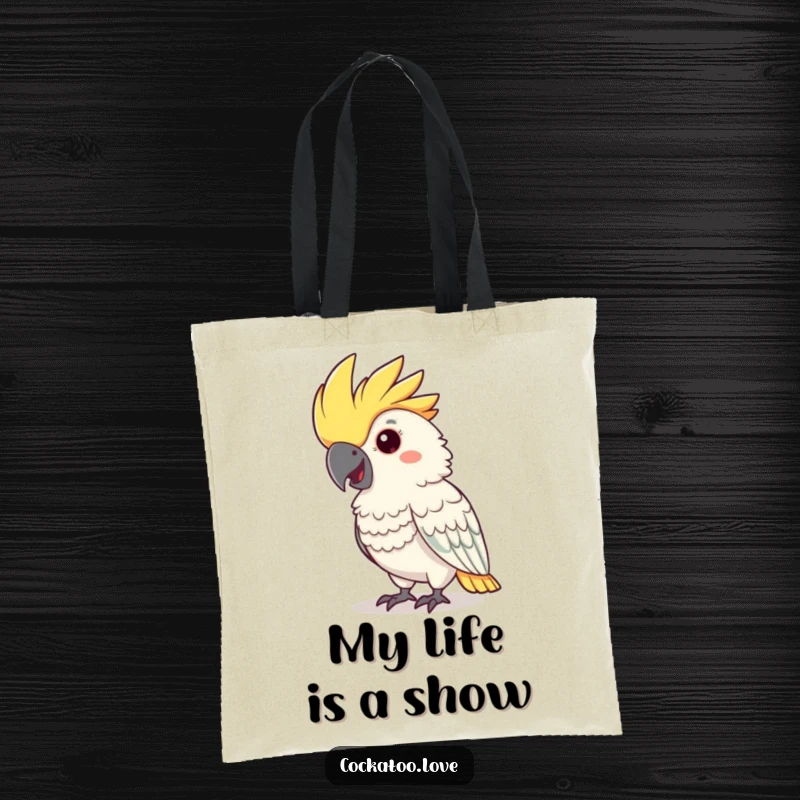 Funny cockatoo tote bag with a happy nodding bird and flamboyant crest, great for errands.