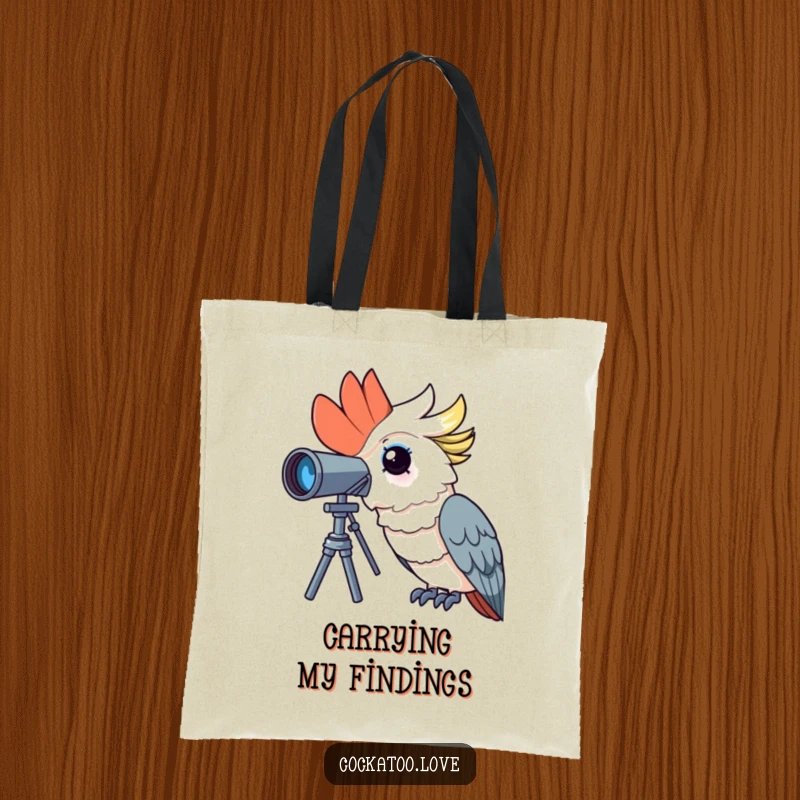 Funny cockatoo tote bag featuring a curious bird looking through a telescope with wonder, ideal for carrying necessities humorously.