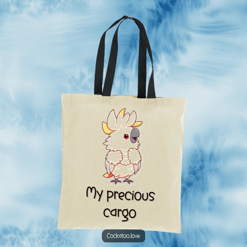 Funny Fluffy Cockatoo Tote Bag showcasing a delightful cockatoo preening its feathers with an expression of pure joy and self-care.