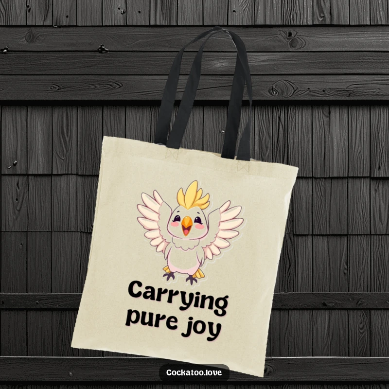 Funny tote bag featuring a joyful cockatoo with wings spread wide, symbolizing happiness and freedom for everyday use.