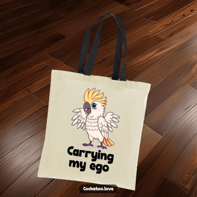 Funny Proud Cockatoo Tote Bag showcasing a magnificent cockatoo striking a dramatic pose, stylish and confident.