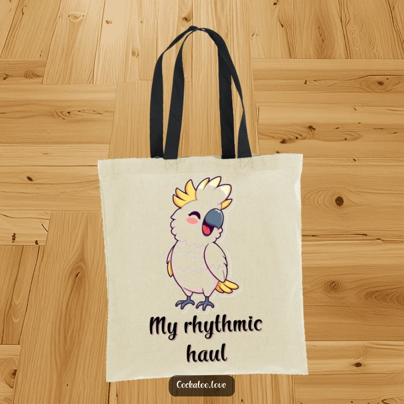 Funny Tote Bag showcasing a cockatoo character bobbing rhythmically with a smile, combining fun and practicality as a great funny gift.