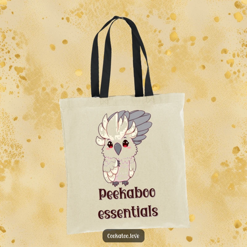 Funny Shy Cockatoo Tote Bag: Cute bird character shyly peeking from behind a large feather, adding a touch of whimsy.