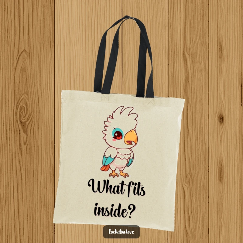 Funny Quizzical Cockatoo Tote Bag: A cockatoo character tilting its head with a curious expression, perfect for inquisitive minds.