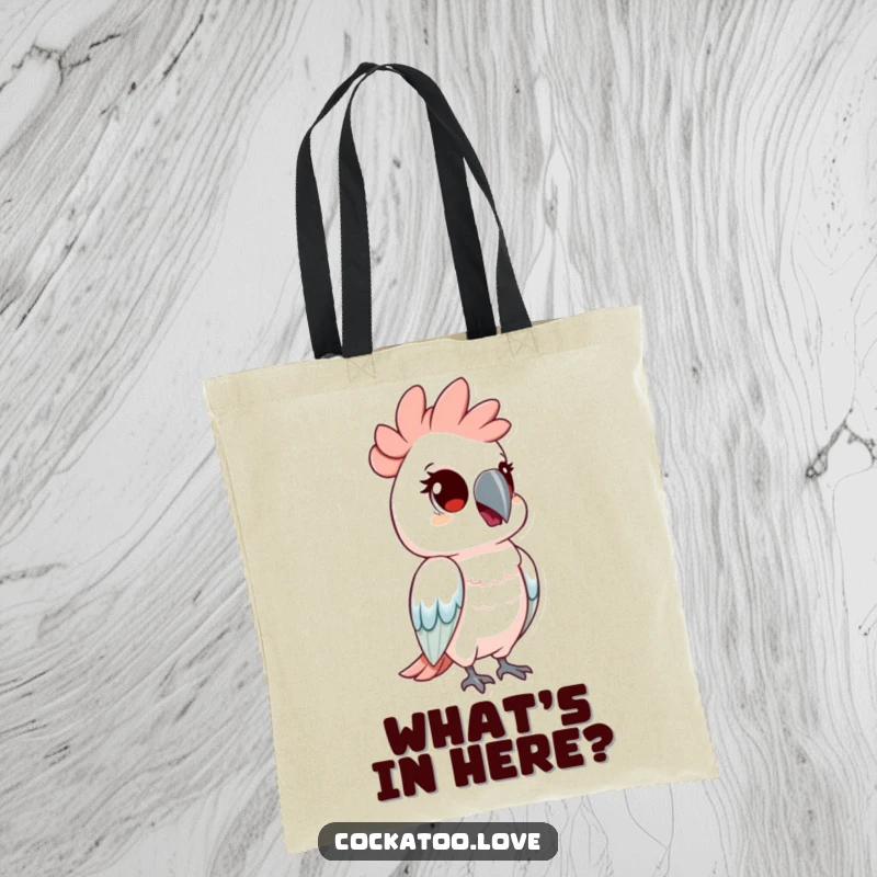 Funny tote bag featuring a cockatoo bird tilting its head with curious eyes. This accessory is both practical and charmingly inquisitive.